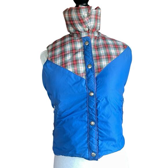 VTG OBERMEYER Reversible Puffer Vest XS Plaid Western Red Blue Snap Front Ski - Picture 1 of 10